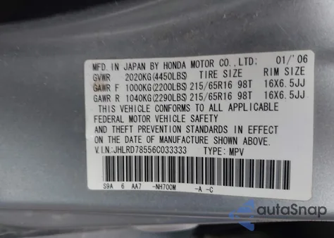 2006 Honda Cr-V Lx from USA, damaged, VIN JHLRD78556C033333